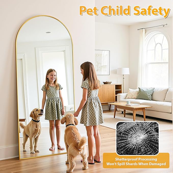 Full Length Mirror, 68"x26" Oversized Floor Mirror Freestanding, Full Body Mirror Floor Standing Mirrors with Stand, Hanging Mounted Mirrors for Bedroom Living Room, Gold, Arched Style