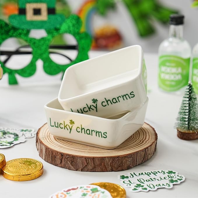 St Patrick's Day Candy Dish Set of 2, Ceramic Irish Shamrock Bowl with Clover, White Decorative Trinket Trays for Jewelry, Keys, Coins, Festive Party & Home Decor