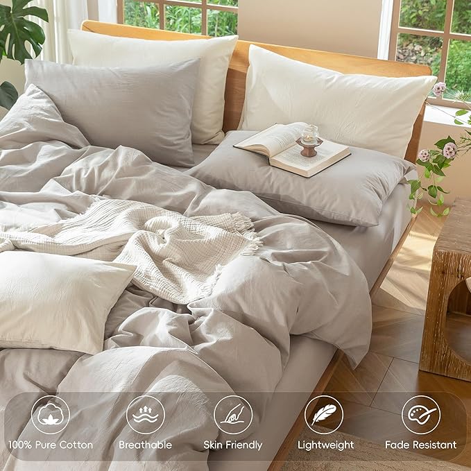 MooMee Bedding Duvet Cover Set 100% Washed Cotton Linen Like Textured Breathable Durable Soft Comfy (Heathered Cream Grey, King 104"x90")