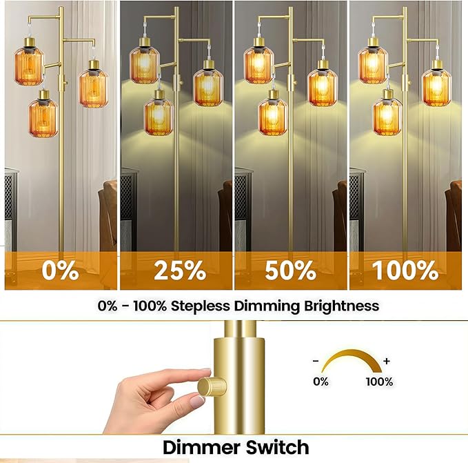 LVYE Gold Floor Lamp for Living Room, Modern Mid Century Standing Lamp with Amber Glass Shade, Dimmable Tall Tree Lamp with 3×6W LED Bulbs, Tall Lamp for Bedroom Office