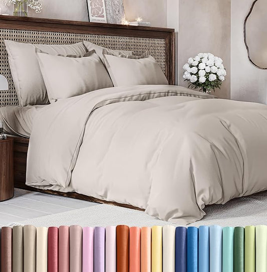 Duvet Cover Cal King Size Set - Extra Soft Cal King Size Duvet Cover 104 x 98 with 2 Pillow Shams - Hotel Luxury Easy Care and Fade Free w/Zipper Closures & Ties - Breathable Bedding Set (Light Grey)