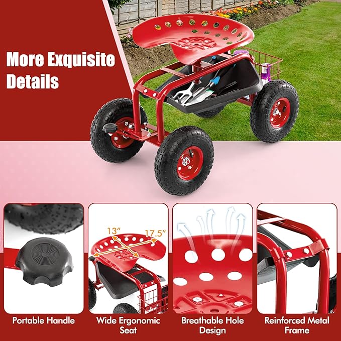 Goplus Garden Seat with Wheels, Rolling Garden Cart with 360 Degree Swivel Seat for Planting, Gardening Stool w/Tool Tray, Basket, Gardening Chair Workseat, Patio Wagon Scooter for Seniors