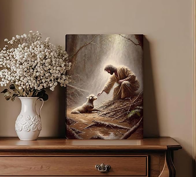 2Pcs Jesus and Lamb Wall Art The Good Shepherd Wall Decor Religious Christian Canvas Painting Jesus Saves the Lost Sheep Poster Prints for Church Bedroom Living Room Home Decoration 12"x16"