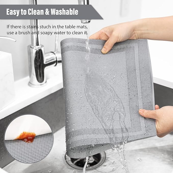 Winknowl Placemats Set of 4，Heat Resistant Woven Vinyl Washable PVC Place Mats，Non-Slip Stain Resistant Indoor/Outdoor Table Mats for Dining Table (Grey)