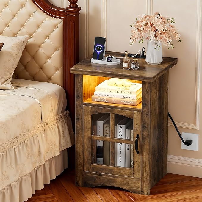 JUMMICO End Table with Charging Station and LED Open Shelf & Glass Door Cabinet, Farmhouse Nightstand with 20W Fast Charge, Side Table for Living Room (1,Brown)