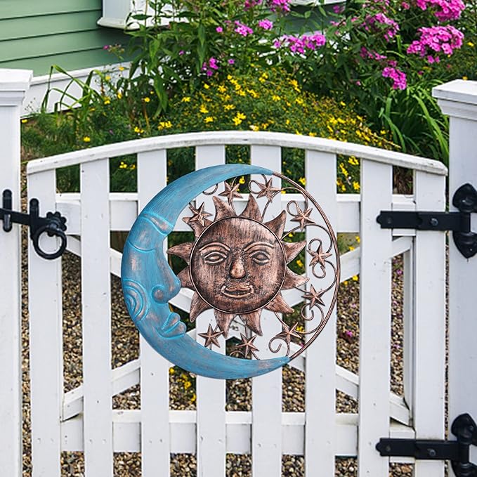 VCUTEKA Sun Face Metal Wall Art Decor Outdoor Sun Moon Patio Garden Fence Deck Yard Pool Wall Sculpture Decoration for Living Room Bedroom Colorful