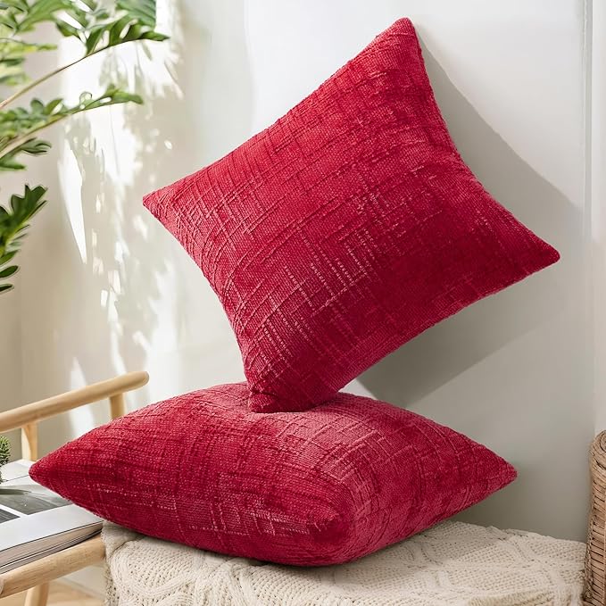 decorUhome Spring Red Chenille Throw Pillow Covers 18x18 Set of 2 Textured Slubby Couch Pillow Covers Farmhouse Accent Modern Neutral Decorative Pillow Cases for Bed Sofa Living Room