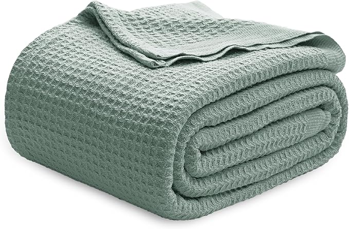 Bedsure Gentlesoft 100% Cotton Blanket Queen Size for Bed - Breathable and Soft for Spring Summer, Thick Cozy Waffle Weave Blanket Gifts for Women, Sage Green, 90x90 Inches