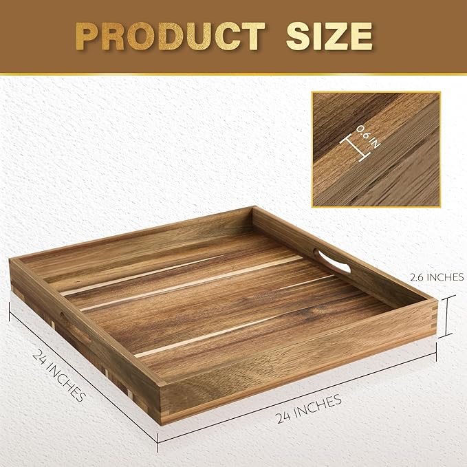 MAONAME Extra Large Square Ottoman Tray, 24" Acacia Wood Serving Tray for with Handles, Farmhouse Wooden Decorative Trays, Coffee Table Trays for Living Room, Countertop, Charcuterie