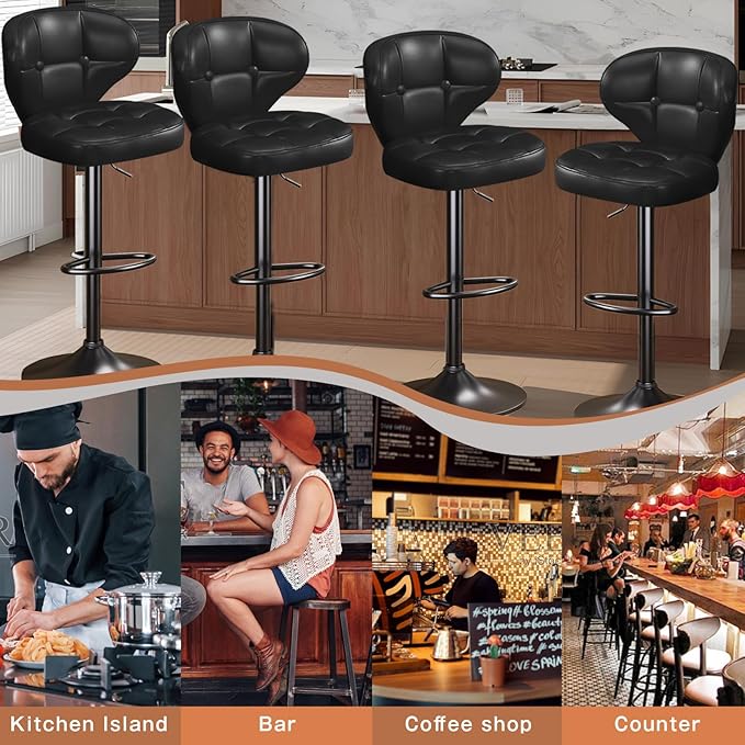 Bar Stools Set of 2, Adjustable Swivel Bar Chairs with 360° Rotation, Padded Counter Stools with Back and Footrest for Kitchen Island, Bistro, Cafe, and Home Use Black2