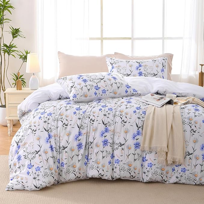 Duvet Cover King Size, Reversible Floral Vintage Duvet Cover Set with Zipper Closure, 3 Pieces Botanical Patterns Soft Microfiber Bedding Set (90"x104", 2 Pillow Cases 20"×36", Purple Blue Daisy)