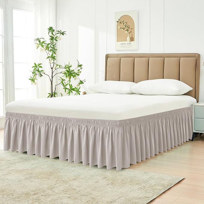Biscaynebay Wrap Around Bed Skirts for King & Cal King Beds Short Drop of 12", Camel Grey Adjustable Elastic Dust Ruffles Easy Fit Wrinkle Resistant Silky Luxurious Fabric Machine Washable
