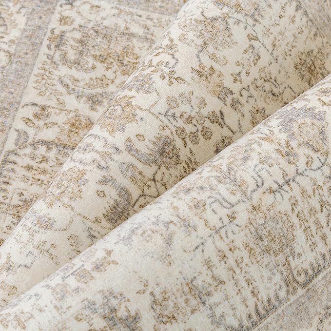 PureCozy Light Brown Area Rug 3x4 Office Entryway Rug Machine Washable Kitchen Vintage Distressed Non Slip Carpet Indoor Retro Floral Accent Throw Door Mat for Bathroom Bedroom Dining Living Room
