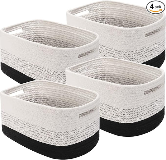 4 Pack Woven Storage Baskets for Organizing - Cotton Rope Baskets for Closet, Toys, Books, Towels, Durable Storage Bins for Shelves, Living Room, Bedroom, 12.7''Lx9''Wx7.8''H (Black, 12.7")
