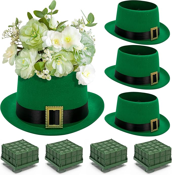 Watayo 4 Pack St. Patrick's Day Hat Flower Pot Set, Irish Green Top Hat Centerpiece with Flower Mud Box, DIY St. Patrick's Day Hat Plant Pots Flower Arrangement Container for Table Home Party Decor