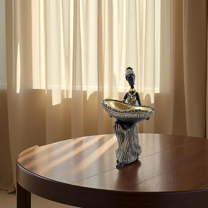African Woman Statue with Large Decorative Bowl – Resin Figurine, Black and Gold Cultural Sculpture, African Home Decor Centerpiece, Jewelry Trinket Candy Dish