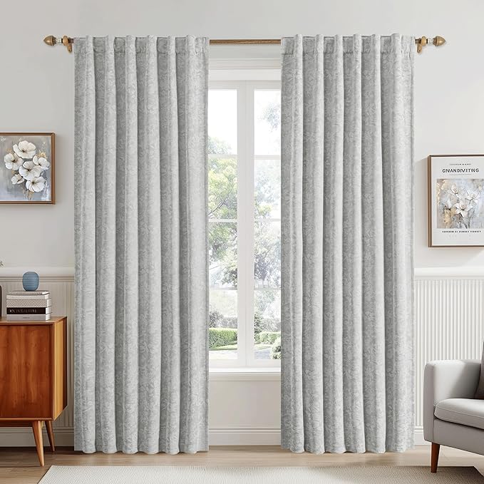 Beauoop Grey Floral Jacquard Blackout Curtains 72 Inches Long 2 Panels for Bedroom Living Room Chenille Flower Room Darkening Thermal Insulated Soundproof Rod Pocket Back Tab Window Drapes 52x72