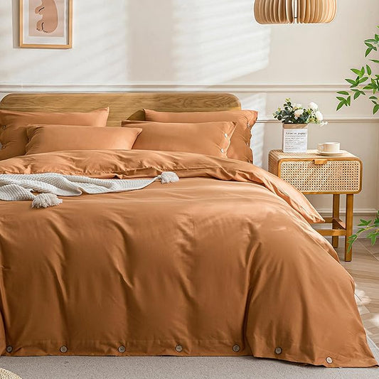 JELLYMONI Cotton Duvet Cover Full Size - Burnt Orange Comforter Cover with Button 100% Washed Cotton 3PCS Breathable Soft Solid Bedding Set Duvet Cover 80×90in & 2 Pillowcases (NO Comforter)