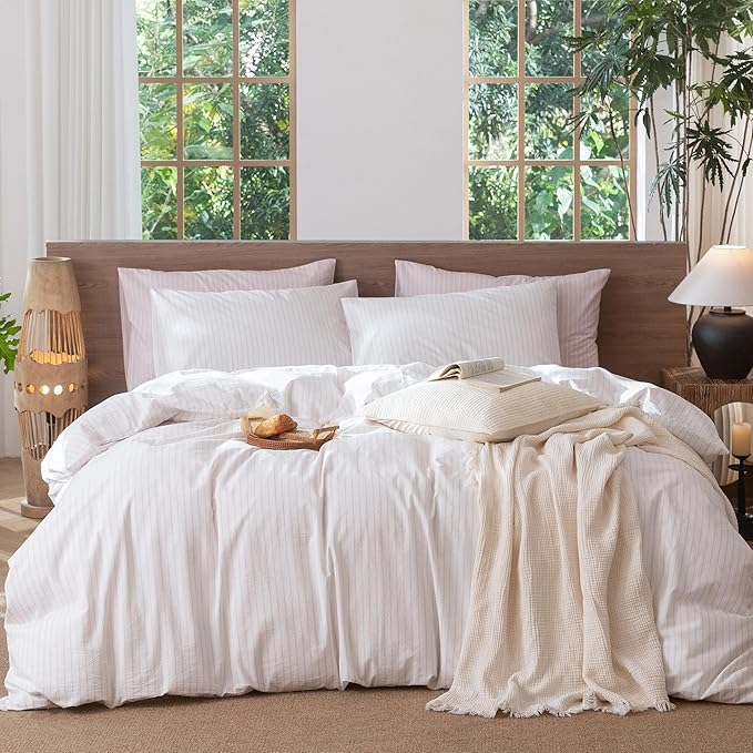 MooMee Striped Duvet Cover Set 100% Washed Cotton Linen Like Textured Breathable Durable Soft Comfy (White Heathered Greyish Pink Wide Stripes, Full 80"x90")