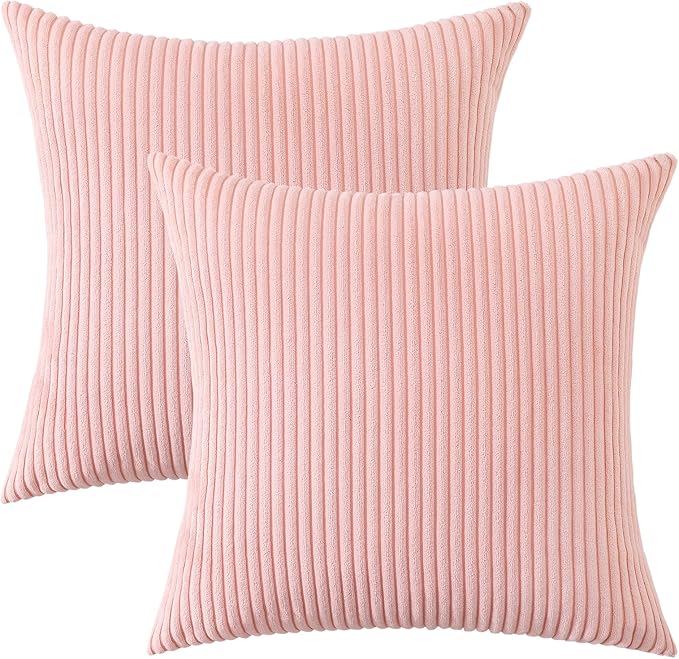 Mecatny Corduroy Decorative Throw Pillow Covers 18x18 Set of 2 for Sofa Living Room, Soft Neutral Boho Couch Pillow Covers for Home Decor, Pink