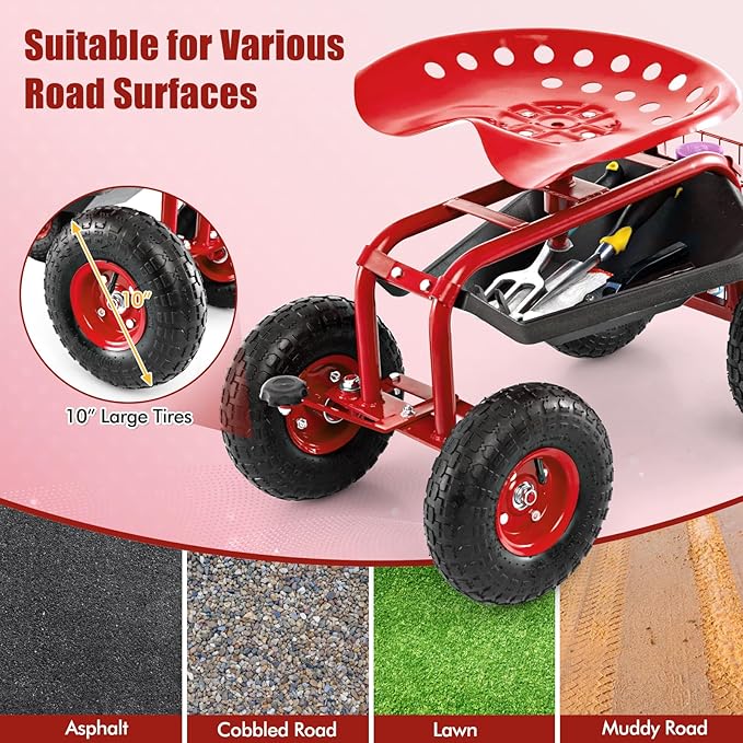 Goplus Garden Seat with Wheels, Rolling Garden Cart with 360 Degree Swivel Seat for Planting, Gardening Stool w/Tool Tray, Basket, Gardening Chair Workseat, Patio Wagon Scooter for Seniors