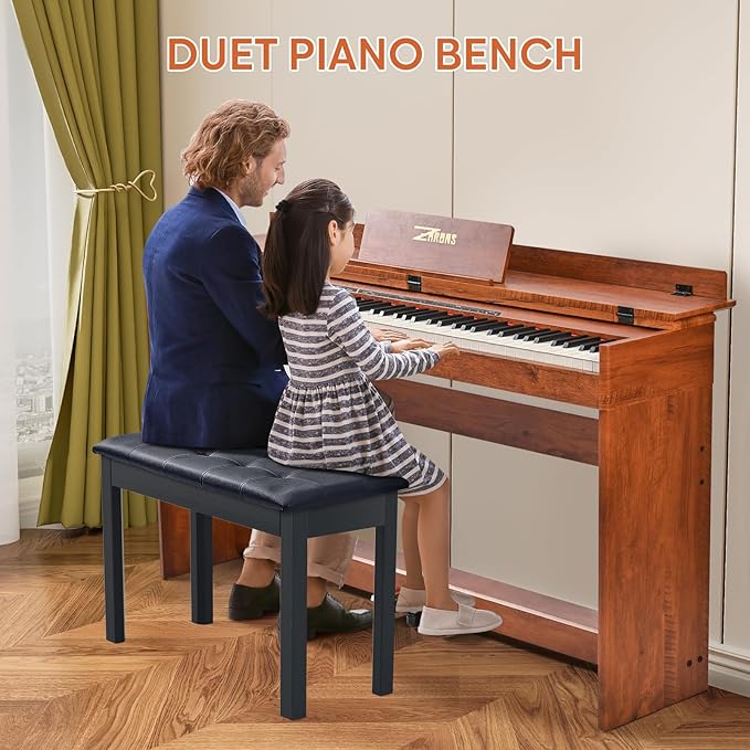 ZHRUNS Duet Piano Bench Wooden Keyboard Bench with Storage Compartment, 29'' Piano Chair Seat with Padded Cushion, Long Piano Stool Black