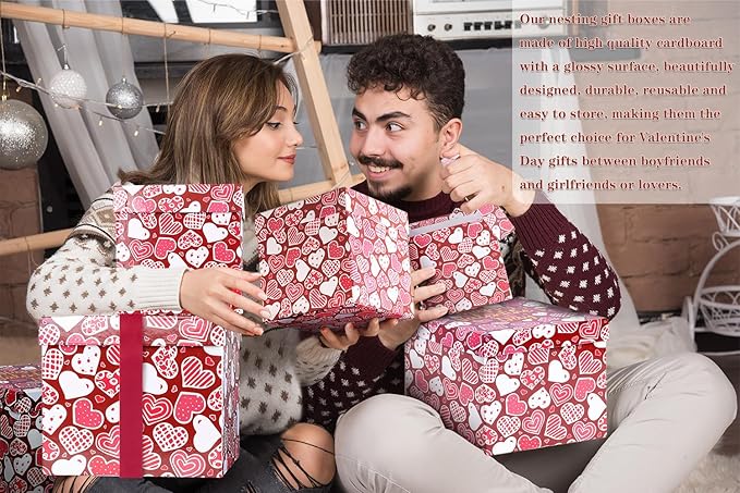 JWSCYSY 6PCS Valentine's Day Nesting Gift Boxes with Lid, Square Gift Boxes with Ribbon, Decorative Boxes Assorted Size for Valentine's Day Presents Wrapping, Party Favor Boxes (Red)