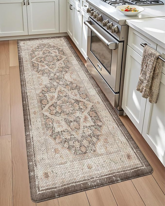 DEXI Kitchen Floor Mats Anti Fatigue, 17x59 Cushioned Vintage Runner Rug Waterproof, Standing Comfort Memory Foam Padded for Front Sink Laundry Office, Beige and Brown
