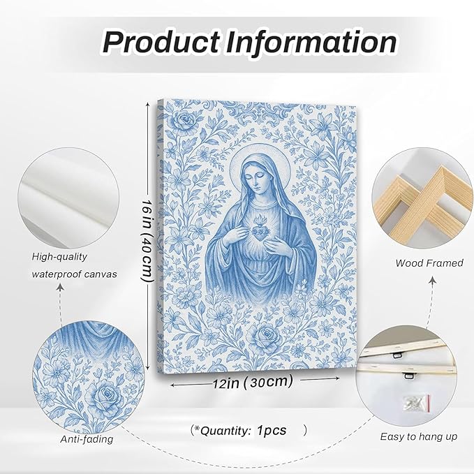 Blue Virgin Mary Immaculate Heart Canvas Wall Art Christian Catholic Wall Decor Our Lady of Guadalupe Portrait Poster Prints Religious Bible Artwork for Living Room Prayer Room Church 12x16in