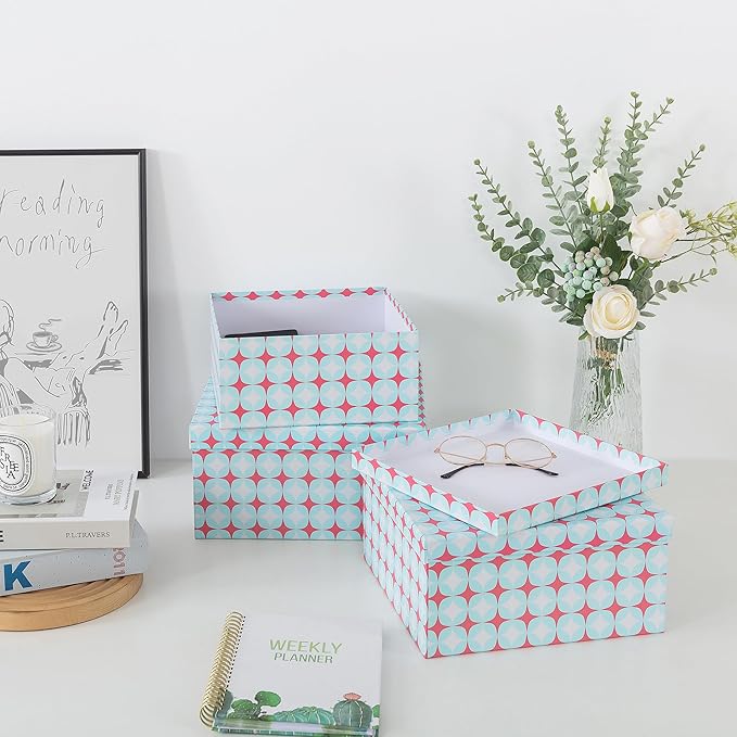 Soul & Lane Set of 3 Decorative Boxes with Lids, Square 11" x 11" Nesting Cardboard Storage for Home Décor in Green and Coral, Keepsake and Memory Boxes for Organizing, Retro Mint