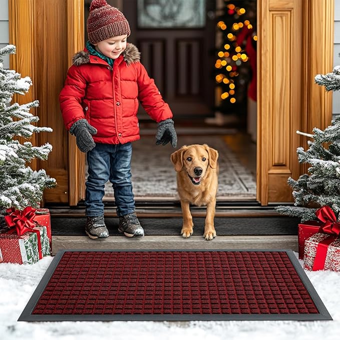 Smiry Front Door Mat Outside Entrance, Heavy Duty Natural Rubber Doormat, Non Slip, Trap Dirt and Moisture, Easy Clean, Low Profile Welcome Floor Mats for Indoor Outdoor Entry, 59x34 Inch, Red