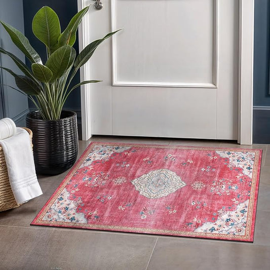 Beverly Rug Non Slip Rugs 2x3 Boho Medallion Floral Non Skid Rubber Backing Easy Silk Soft Entry Rug for Living Room Easy to Clean Non Shedding Kitchen Bedroom Indoor Carpet (2 x 3 Fuchsia - Cream)