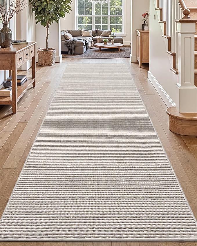 DEXI Hallway Runner Rug 3.3x10, Woven Braided Farmhouse Runner Carpet Indoor, Absorbent Thin Long Entryway Runners for Kitchen, Laundry Room, Patio Entrance, Light Beige-Gray
