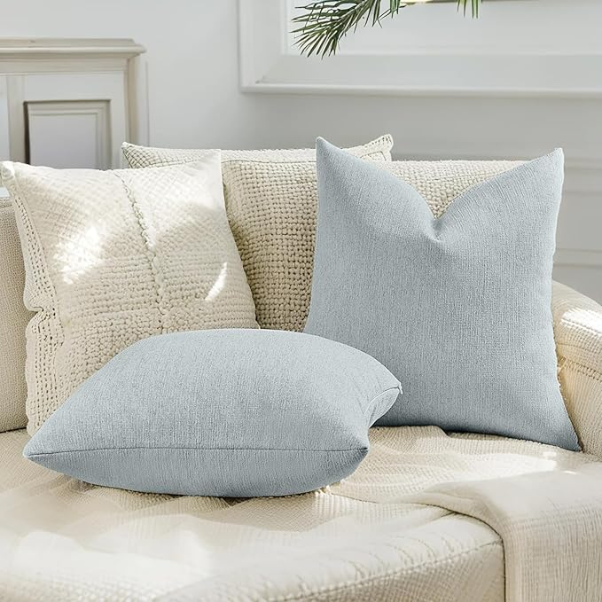 HAUSSY Dusty Blue Throw Pillow Covers 24x24 Inch Set of 2,Boho Decorative Faux Linen Throw Pillows Cozy Farmhouse Accent Cushion Covers,Home Decor for Couch Sofa Bed Living Room