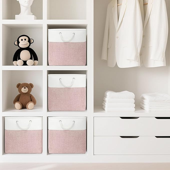 13x13 Inch Cube Storage Bins with Reinforced Bottom Cardboard, 6 Pack Large Foldable Fabric Storage Cubes with Handles for Shelf, Closet, Laundry Organization (White&Pink)