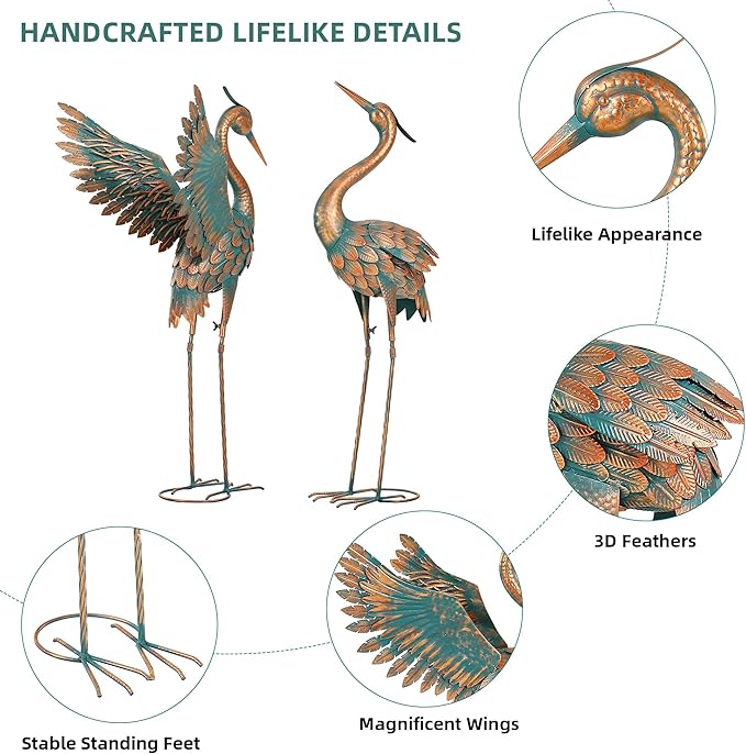 Extra-Large 36.8" Metal Crane Garden Statue, Handcrafted Blue Heron Decor Sculptures with Stable U-Ground Stakes, Backyard Decoration, Metal Garden Bird Animal Yard Art, Lawn Ornament Decor