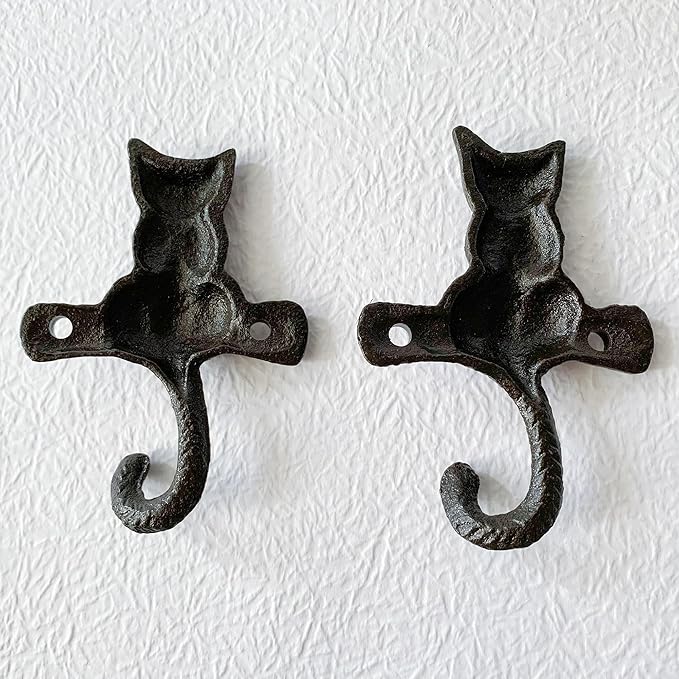 Rustic Cat-Shaped Decorative Wall Hook Rack Hangers for Hanging Clothes, Coats, Towels, Keys, and Hats, 2 Pack Antique Cast Iron Mounted Wall Hooks