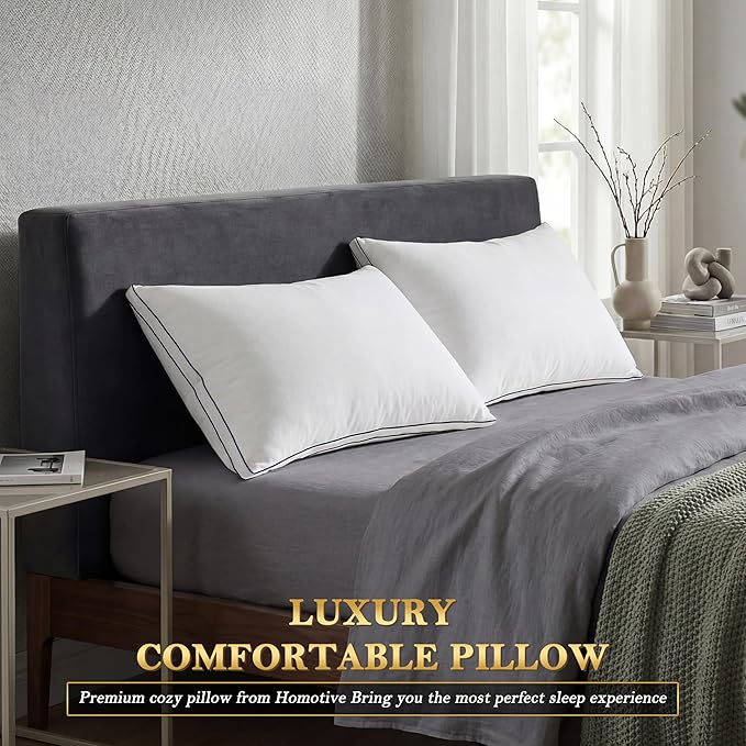 Homotive Feather Pillows Standard Size Set of 2 Goose Down Pillows with 100% Breathable Cotton Cover, Hotel Collection Bed Pillows for Sleeping, Soft Support for Back, Stomach and Side Sleepers