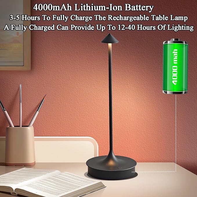 Cordless Table Lamps Rechargeable, LED Desk Lamp 4000mAh Battery Operated Outdoor Waterproof Portable Touch Dimmable Table Light for Patio/Restaurant/Bar/Indoor (Black-1PC)
