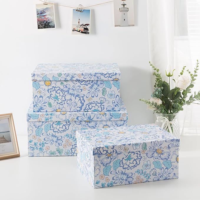 Soul & Lane Decorative Cardboard Storage Boxes For Home Décor, Sky Meadow, Set of 3: Floral Paperboard Nesting Storage With Lids, Memory Boxes For Keepsakes And Photos, Gift Set For Presents
