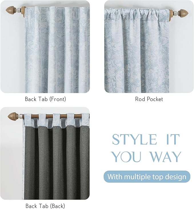 Beauoop Blue Floral Jacquard Blackout Curtains 108 Inches Long 2 Panels for Bedroom Living Room Chenille Flower Room Darkening Thermal Insulated Soundproof Rod Pocket Back Tab Window Drapes 52x108