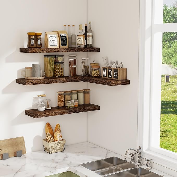 Floating Shelves for Wall - 2 Pack 30 Inch Long Rustic Wooden Display Shelves - 8 Inch Deep Wall Mounted Storage Shelf with Invisible Heavy-Duty Brackets for Books, Bathroom, Kitchen - Rustic Brown