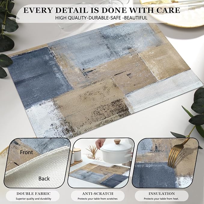 Mcalk Brown Table Runner and Placemats Set of 6, Abstract Dark Grey Placemats, Modern Cloth Place Mats Indoor for Kitchen,Washable Linen Material for Dining Table