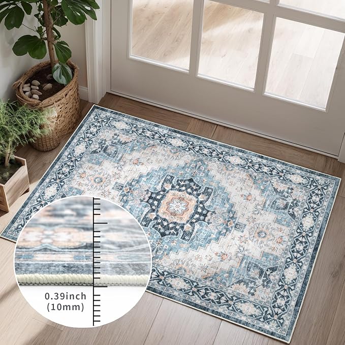 Dotiiorug Washable 5×7 Area Rug for Living Room, Vintage Floral Rug Soft Non Slip Stain Resistant Boho Carpet for Indoor Bedroom Dinning Room Home Office Blue/Ivory