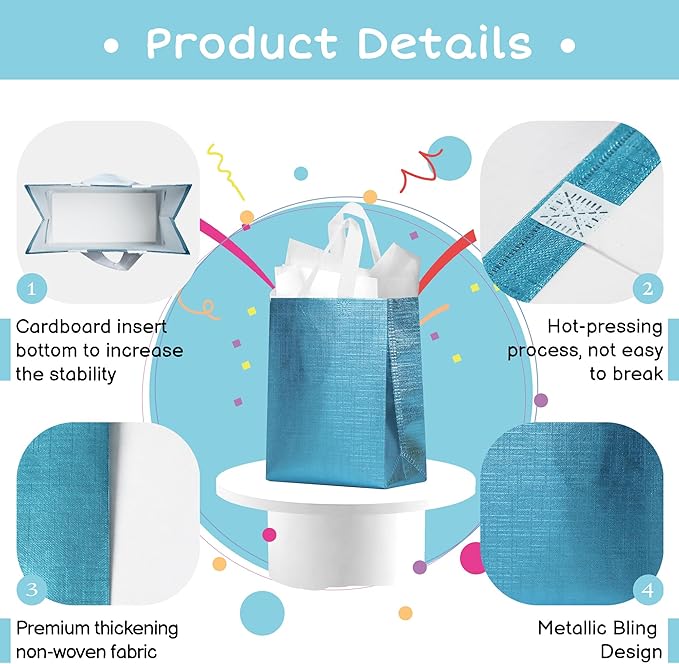 cabzymx Blue Small Reusable Gift Bags with Metallic Design, 25 Pcs Return Gift Bag Bulk for Wrapping Gifts, Birthday, Wedding, Parties-10.2x3.9x8.3 In
