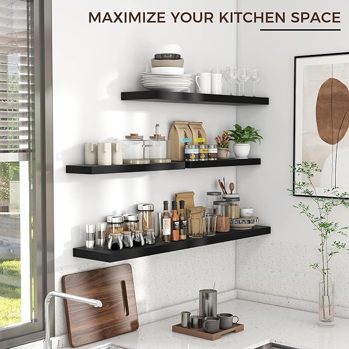Floating Shelves for Wall 24"W x 6.7"D x 1.37"H, Engineered Wood Wall Shelves with Invisible Brackets for Living Room Bedroom Bathroom Office Kitchen Decor and Storage, Black Finish, Set of 2
