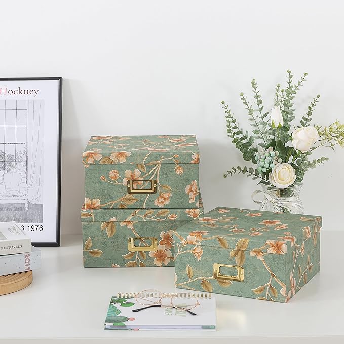 Soul & Lane Decorative Cardboard Storage Boxes - Set of 3 Square Stacking Boxes with Lids and Gold Label Holders, Nesting Photo Storage for Decor and Organizing, Botanical Sage
