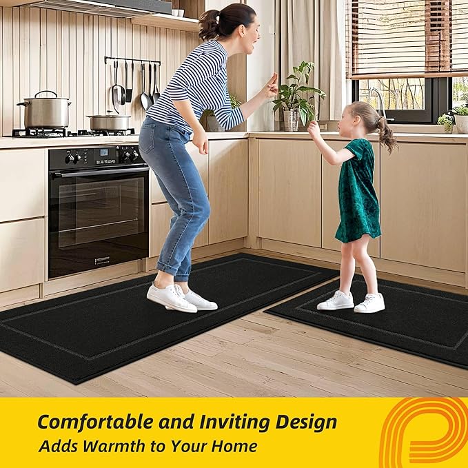 JSEI Non-Slip Kitchen Mats, Self Adhesive No Sliding Kitchen Rugs Set of 2, Washable Absorbent Floor Mat for Kitchen, Bathroom, Laundry Room, Bedroom, 24”x36”+24”x60”, Black, Rectangular Pattern