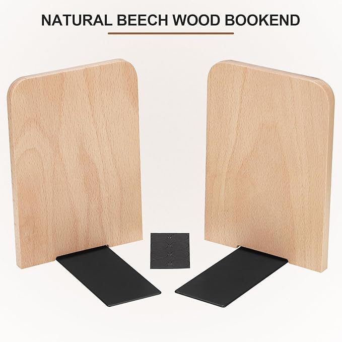Wood Book Ends, 2 Pack Beech Wood Bookends for Shelves, Non-Slip L-Shaped Heavy Duty Bookends, Book Stopper, Bookshelf Holder Stand for Home, Office, Library, School