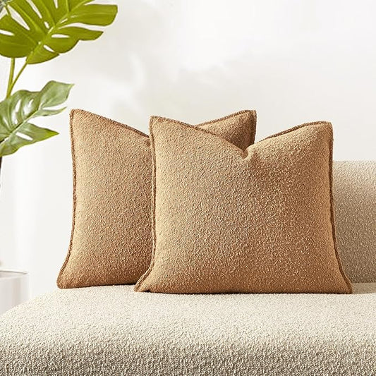 JUSPURBET 18x18 Pillow Covers Set of 2 Decorative Throw Pillow Covers Case for Couch Sofa Bed Soft Boucle Textured Cushion Covers with Hidden Zipper for Home Decor Living Room,Camel